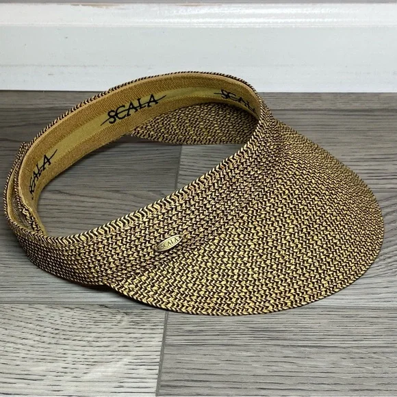Scala Straw Visor Hat Women’s One Size Adjustable Tan/Black SunHat Golf Beach - Picture 5 of 11
